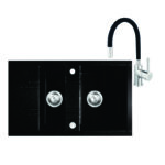 Set chiuveta bucatarie dubla 79x48 cm, grafit lucios + baterie Zumba, pipa flexibila, neagra
