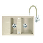 Set chiuveta bucatarie dubla 79x48 cm, nisip + baterie Zumba, pipa flexibila, bej