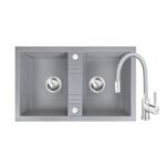 Set chiuveta bucatarie dubla 78x48 cm + baterie Zumba, pipa flexibila, gri