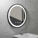 Oglinda LED Senzor MotionGlow Pavel Sistem Dezaburire Termometru si Ceas Rama Negru Periat Rotunda Diametru 60 cm Lumina Rece/Calda/Neutra Dimabila Colectia Marcello Funghi