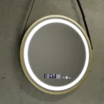 Oglinda LED Senzor MotionGlow Fily Rotunda Diametru 60 cm Lumina Rece/Calda/Neutra Dimabila Sistem Dezaburire Termometru si Ceas Rama Auriu Periat cu Curea Piele Ecologica - imagine 3