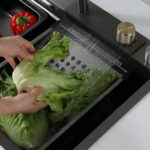 Set Chiuveta Bucatarie Inox cu Baterie Dubla, Cuva Perforare Legume/Fructe, Cuva Universala cu Dop Scurgere, Tocator, Negru Grafit, 75x45X21cm - imagine 3