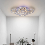 Lustra LED cu telecomanda si cristal LIA RGB 182W, 8 Cercuri, lumina Rece/Calda/Neutra, Dimabila, Alb Crom Lucios