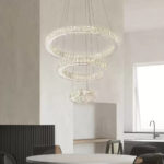 Lustra LED suspendata cu telecomanda si cristal CANAAN 120W, 3 Cercuri, lumina Rece/Calda/Neutra, Dimabila, Crom Lucios, Inaltime Reglabila