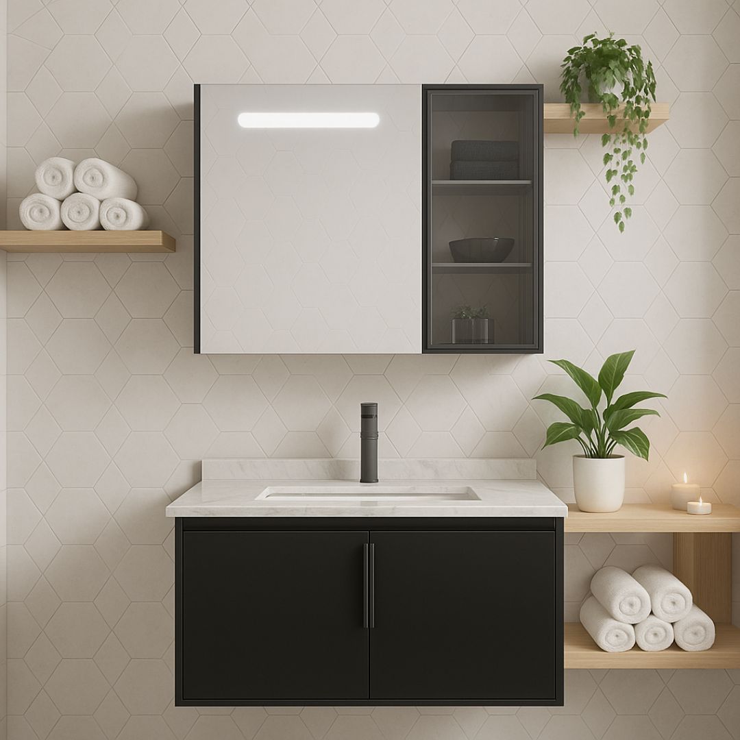 Set Mobilier pentru Baie RHODOS, 80cm, 2 Piese, Negru si Alb - imagine 3