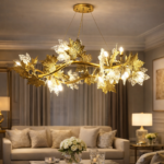 Candelabru Modern, CM260/800GD, 8xE14, Diametru 80cm, Auriu, Inaltime Reglabila, Metal si Cristale