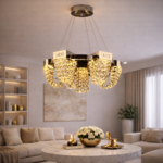 Candelabru Cristal LED 24W, CC370/800CH, Diametru 80cm, Crom Lucios, Inaltime Reglabila, Lumina Calda Neutra Rece 3000K/4000K/6000K, Metal si Cristal
