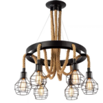 Lustra Suspendata Vintage, LV583/6BK, 6xE27, Diametru 60 cm, Inaltime Reglabila, IP20, Maro, Metal si Sfoara, Becuri Neincluse