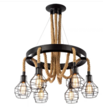 Lustra Suspendata Vintage, LV583/6BK, 6xE27, Diametru 60 cm, Inaltime Reglabila, IP20, Maro, Metal si Sfoara, Becuri Neincluse