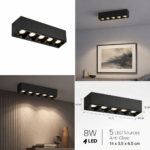 Proiector LED Liniar Aplicat Grila 8W, Lumina Neutra 4000K, 5 surse, 14 x 3.5 x 6.5 cm - imagine 4